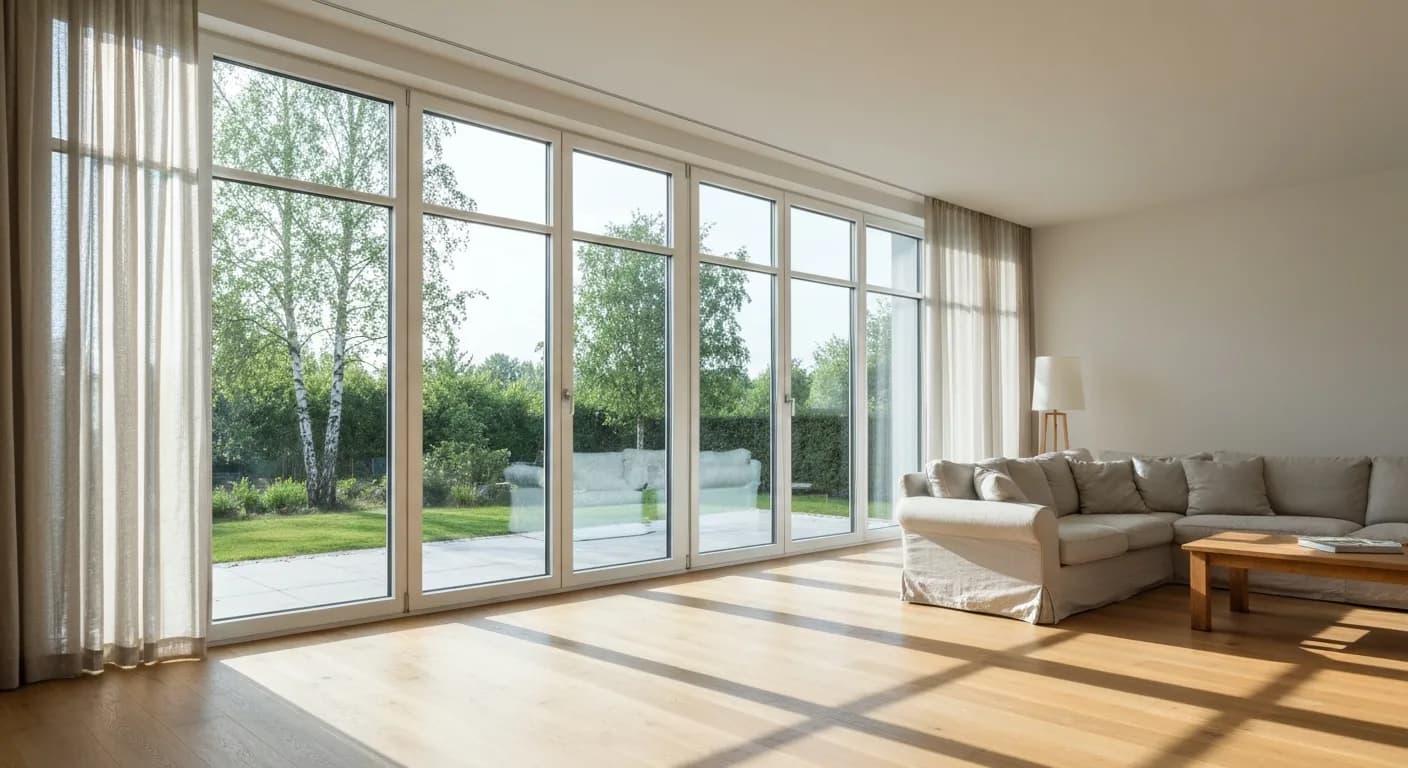 Heller Wohnraum mit raumhoher Fensterfront und Blick in den Garten