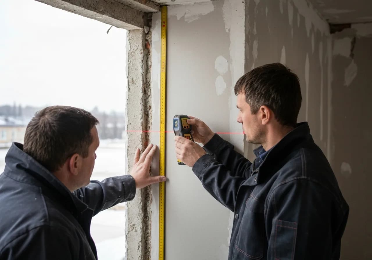 Zwei Handwerker messen eine Fensteröffnung mit Lasermessgerät auf