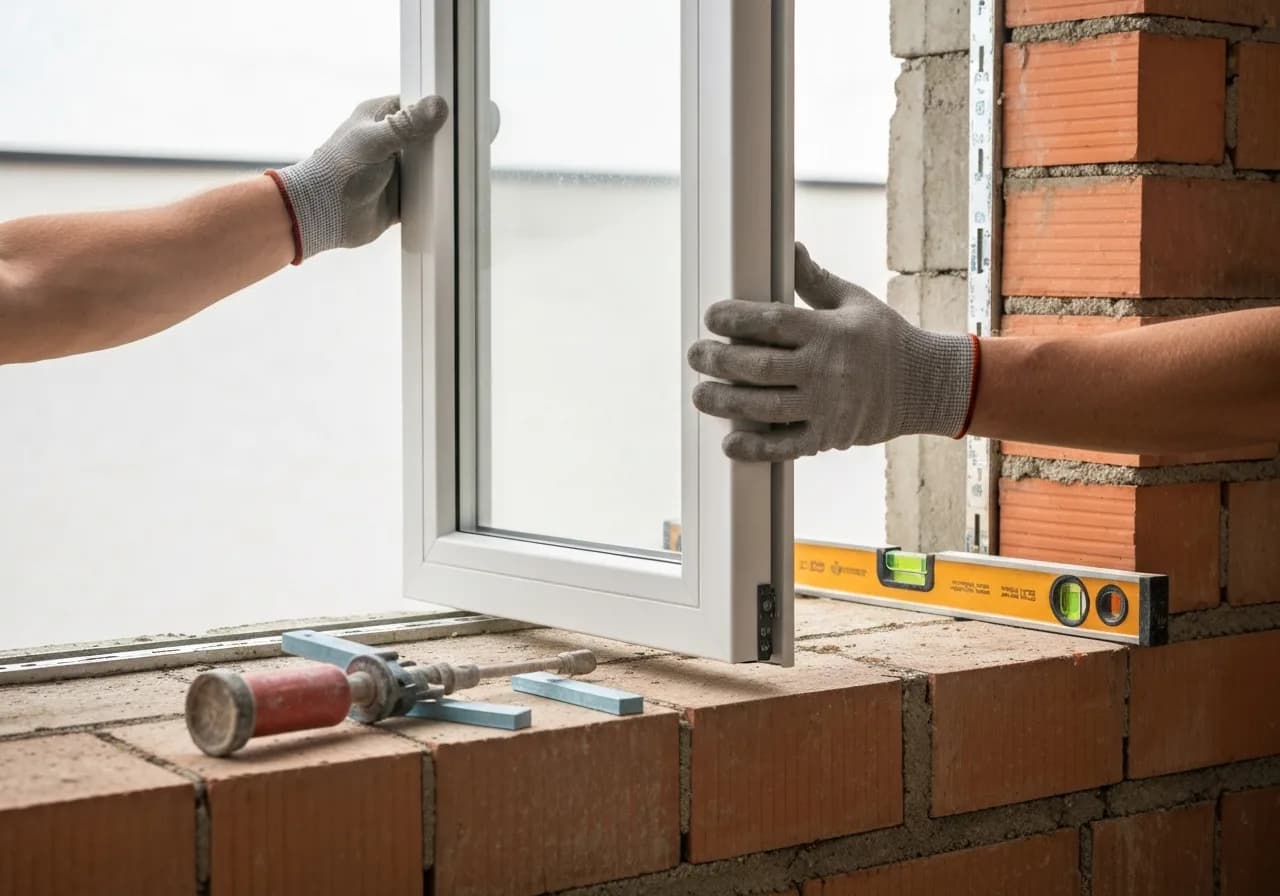 Monteur setzt einen neuen Fensterrahmen in eine Maueröffnung ein